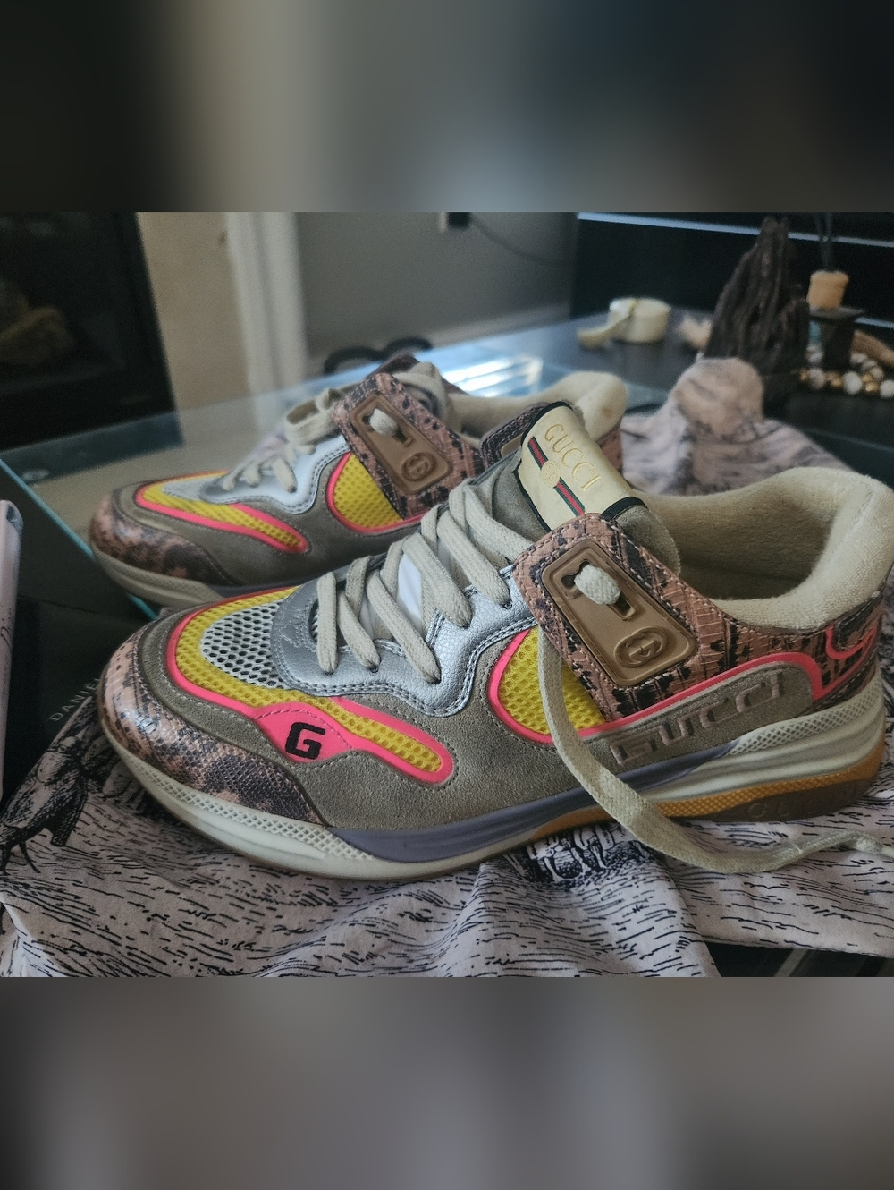Gucci Women’s Grey, Yellow & Pink Mixed-Media Sneakers